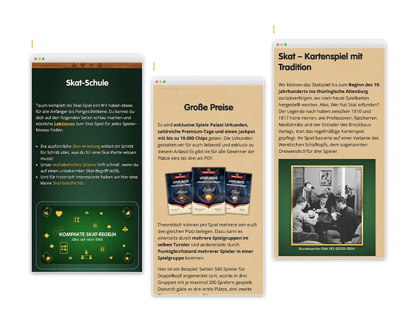 Unterseite von Skat Palast mit Spielvorschau, Statistiken und Liga-Übersicht